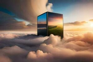 een kubus in de lucht met wolken. ai-gegenereerd foto
