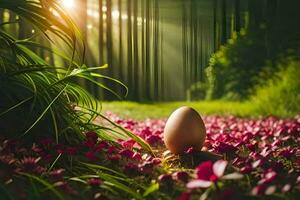 een ei is zittend in de midden- van een veld- van bloemen. ai-gegenereerd foto