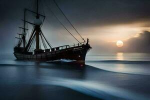 een het zeilen schip in de oceaan Bij zonsondergang. ai-gegenereerd foto