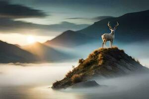 een hert staat Aan een rots in de mist met bergen in de achtergrond. ai-gegenereerd foto