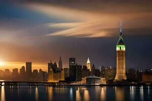 de horizon van nieuw york stad Bij zonsondergang. ai-gegenereerd foto