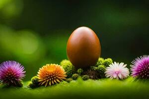 een Pasen ei is omringd door bloemen en gras. ai-gegenereerd foto