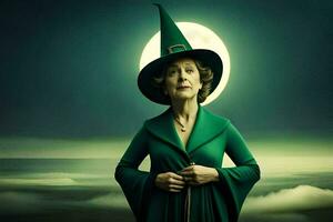 een vrouw in een groen heks kostuum staand in voorkant van een vol maan. ai-gegenereerd foto