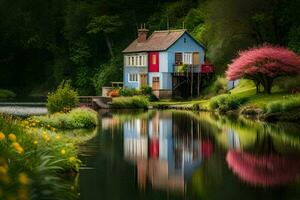 een huis is weerspiegeld in de water De volgende naar een rivier. ai-gegenereerd foto