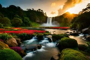 de zon stijgt over- een waterval in de oerwoud. ai-gegenereerd foto