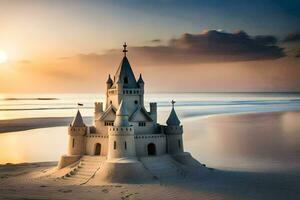 een zand kasteel Aan de strand Bij zonsondergang. ai-gegenereerd foto