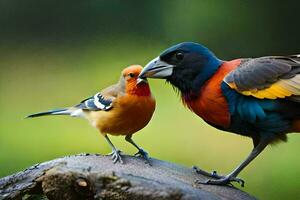 een kleurrijk vogel is staand De volgende naar een ander vogel. ai-gegenereerd foto