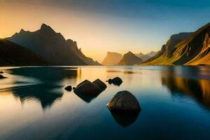 de zon stijgt over- een berg reeks in de afstand. ai-gegenereerd foto