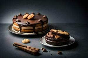 een chocola taart en koekjes Aan een tafel. ai-gegenereerd foto