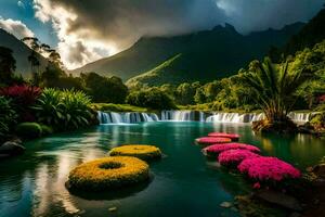 de waterval is omringd door bloemen en bomen. ai-gegenereerd foto