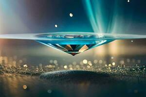 een diamant drijvend in water met een fonkeling. ai-gegenereerd foto