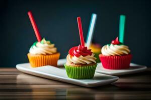 drie cupcakes met kleurrijk rietjes Aan een bord. ai-gegenereerd foto