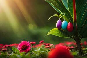 Pasen eieren Aan een boom in de zon. ai-gegenereerd foto