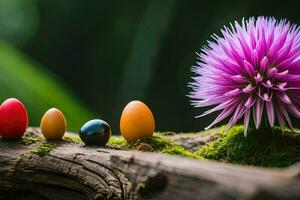 kleurrijk eieren en een Purper bloem Aan een logboek. ai-gegenereerd foto