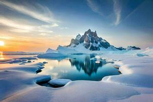 de zon sets over- een ijsberg en sneeuw gedekt bergen. ai-gegenereerd foto