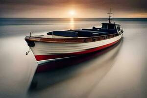 een boot is het zeilen Aan de oceaan Bij zonsondergang. ai-gegenereerd foto