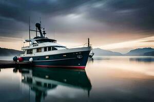 een boot aangemeerd Bij een dok in de water. ai-gegenereerd foto