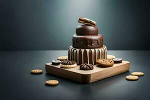 een chocola taart met koekjes en chocola Aan top. ai-gegenereerd foto