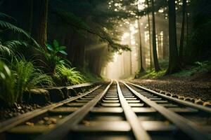 een trein bijhouden in de bossen met bomen en gras. ai-gegenereerd foto