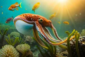 een Octopus zwemmen in de oceaan met vis. ai-gegenereerd foto