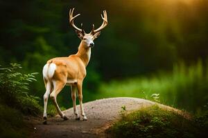 een hert is staand Aan een pad in de bossen. ai-gegenereerd foto