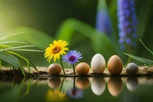 foto behang de lucht, bloemen, gras, water, eieren, lente, de zon, bloemen. ai-gegenereerd