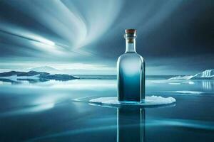 een fles van blauw vloeistof zit Aan een ijsberg in de midden- van de oceaan. ai-gegenereerd foto