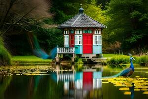 een klein rood huis met een blauw vogel zittend Aan een vijver. ai-gegenereerd foto