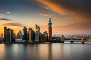 de stad horizon Bij zonsondergang in nieuw york. ai-gegenereerd foto