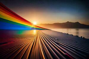 een regenboog gekleurde lijn Aan de strand Bij zonsondergang. ai-gegenereerd foto
