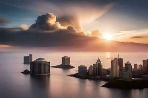 een stad horizon met wolken en zon. ai-gegenereerd foto