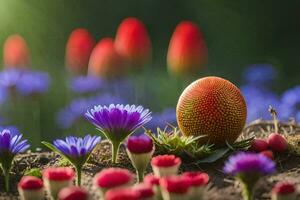 foto behang bloemen, de lucht, de zon, de bloemen, de gras, de bloemen,. ai-gegenereerd