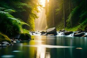 een rivier- vloeiende door een Woud met bomen en rotsen. ai-gegenereerd foto