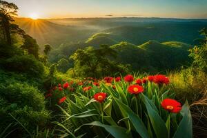 rood bloemen in de bergen Bij zonsopkomst. ai-gegenereerd foto