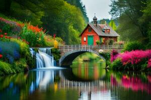een klein huis zit Aan een brug over- een rivier. ai-gegenereerd foto