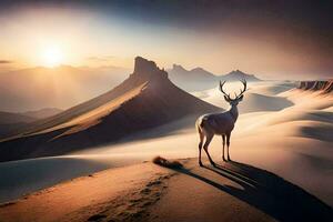 de hert is staand Aan de zand duinen in de midden- van de woestijn. ai-gegenereerd foto