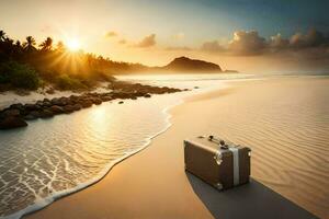 een koffer Aan de strand Bij zonsondergang. ai-gegenereerd foto