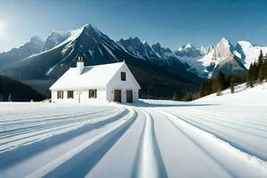 een wit huis zit in de midden- van een besneeuwd veld. ai-gegenereerd foto