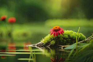 een bloem zit Aan top van een mos gedekt log in de water. ai-gegenereerd foto