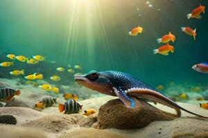 een vis zwemmen in de oceaan met een bundel van vis. ai-gegenereerd foto