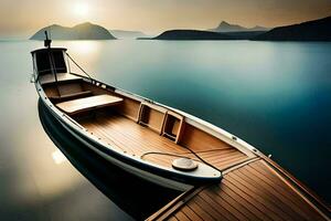 een boot is aangemeerd Aan de water Bij zonsondergang. ai-gegenereerd foto