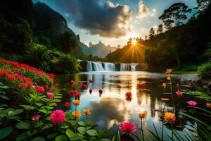 bloemen en watervallen in de zonsondergang. ai-gegenereerd foto