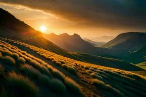 de zon sets over- een berg reeks met gras en gras. ai-gegenereerd foto