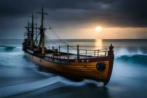 een boot in de oceaan Bij zonsondergang. ai-gegenereerd foto