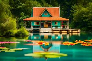 een huis Aan een meer omringd door water lelies. ai-gegenereerd foto