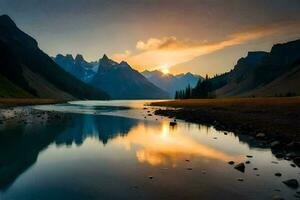 de zon stijgt over- een berg reeks en de reflectie van de bergen in de water. ai-gegenereerd foto