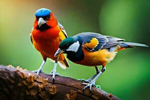 twee kleurrijk vogelstand staand Aan een Afdeling. ai-gegenereerd foto