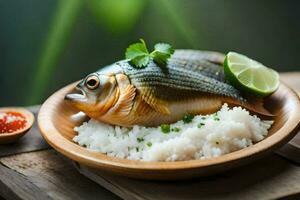 een vis met rijst- en limoen Aan een houten bord. ai-gegenereerd foto