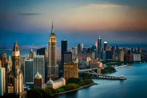 de nieuw york stad horizon Bij zonsondergang. ai-gegenereerd foto