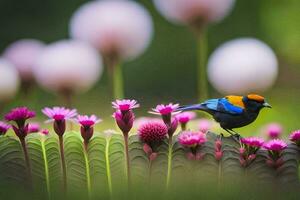 een vogel is neergestreken Aan top van een bloem. ai-gegenereerd foto